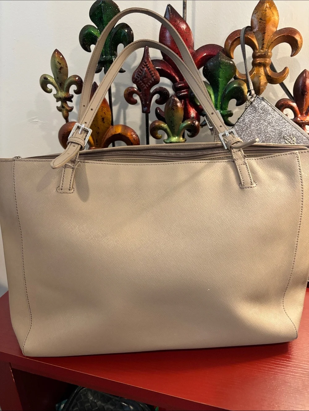 Tory Burch Neutral Beige Saffiano Tote